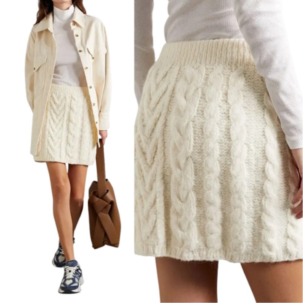 NEW Lingua Franca Rebel Cable Knit Wool Slip On Mini Skirt White Size: Medium